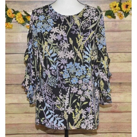 Calvin Klein Ladies Black Floral Blouse Top Size M Ruffled 3/4 Sleeves Career - Picture 2 of 14